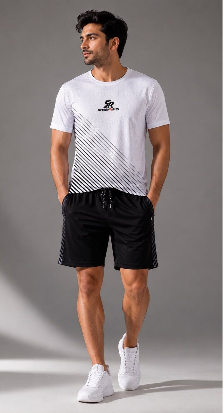 SmashNRun performance kit laid out with shorts and track pants