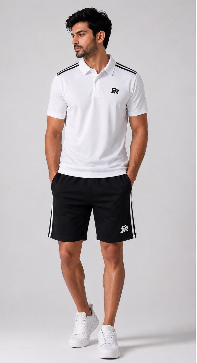 SmashNRun Shadow90 Full Kit with the polo, black shorts and black track pants