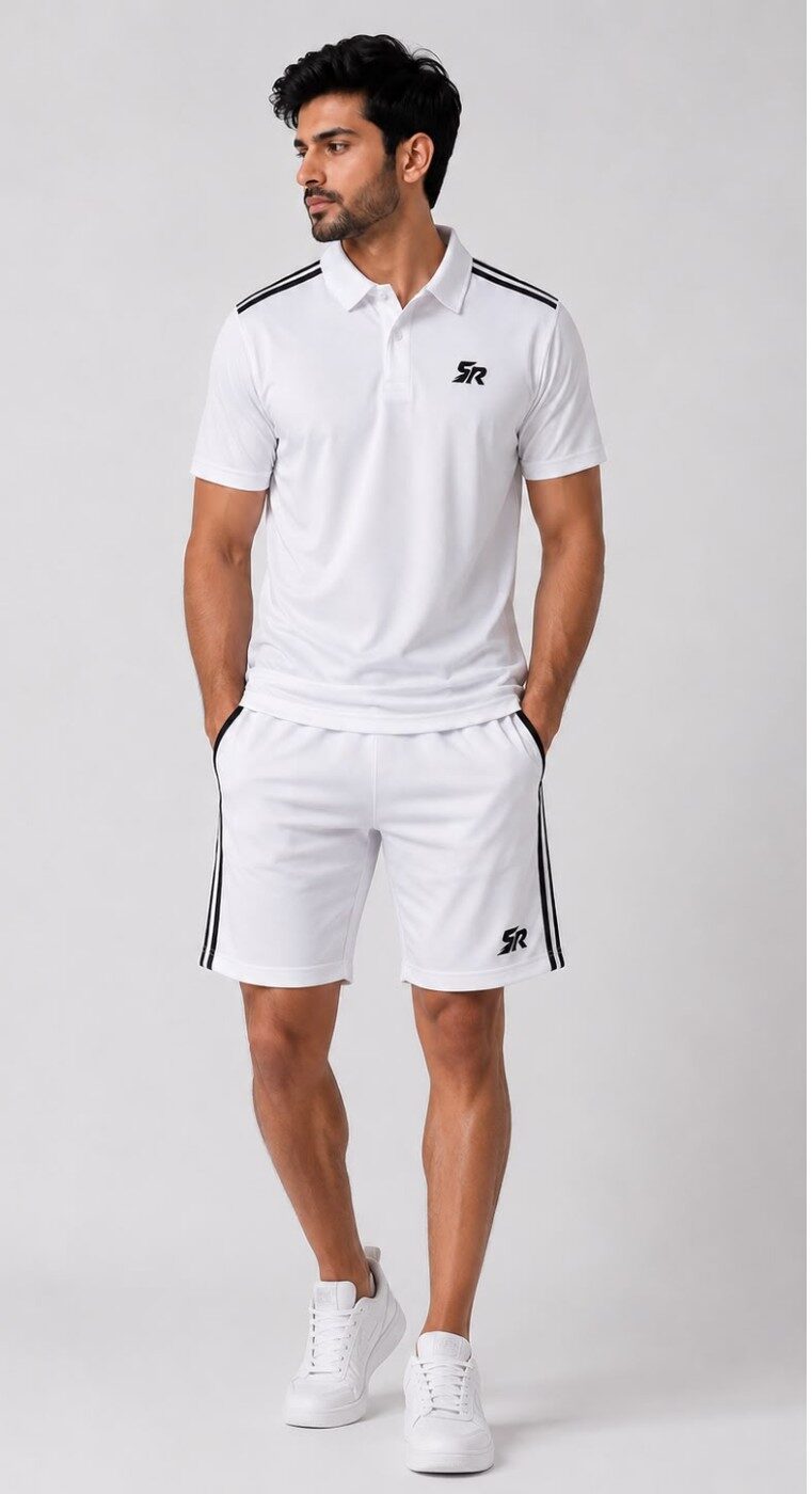 SmashNRun Shadow90 Full Kit with the polo, white shorts and black track pants