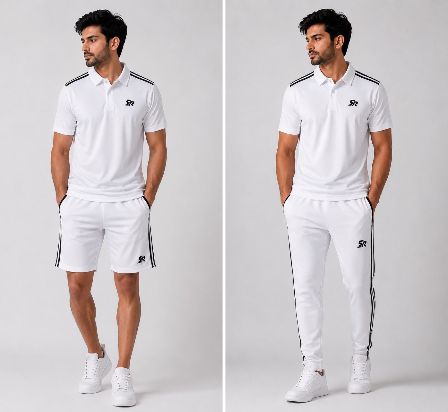 SmashNRun Shadow90 Full Kit with the polo, white shorts and white track pants