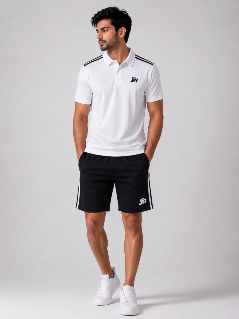 SmashNRun Shadow90 Polo in white worn with black Shadow90 shorts