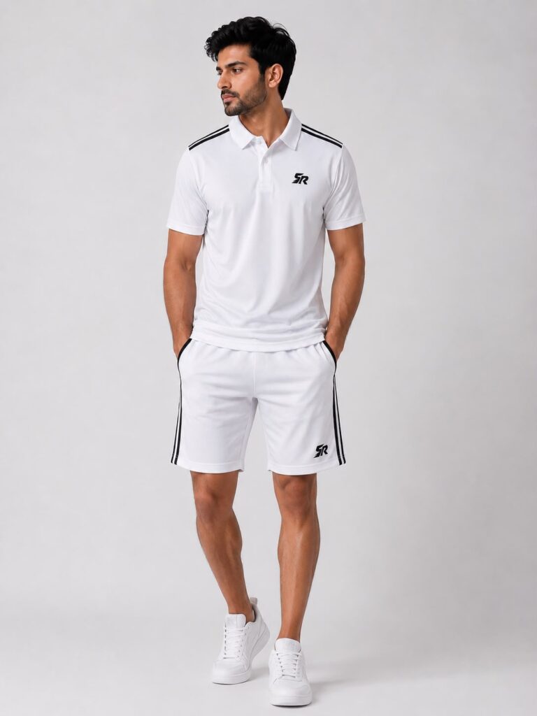 SmashNRun Shadow90 Polo in white worn with white Shadow90 shorts