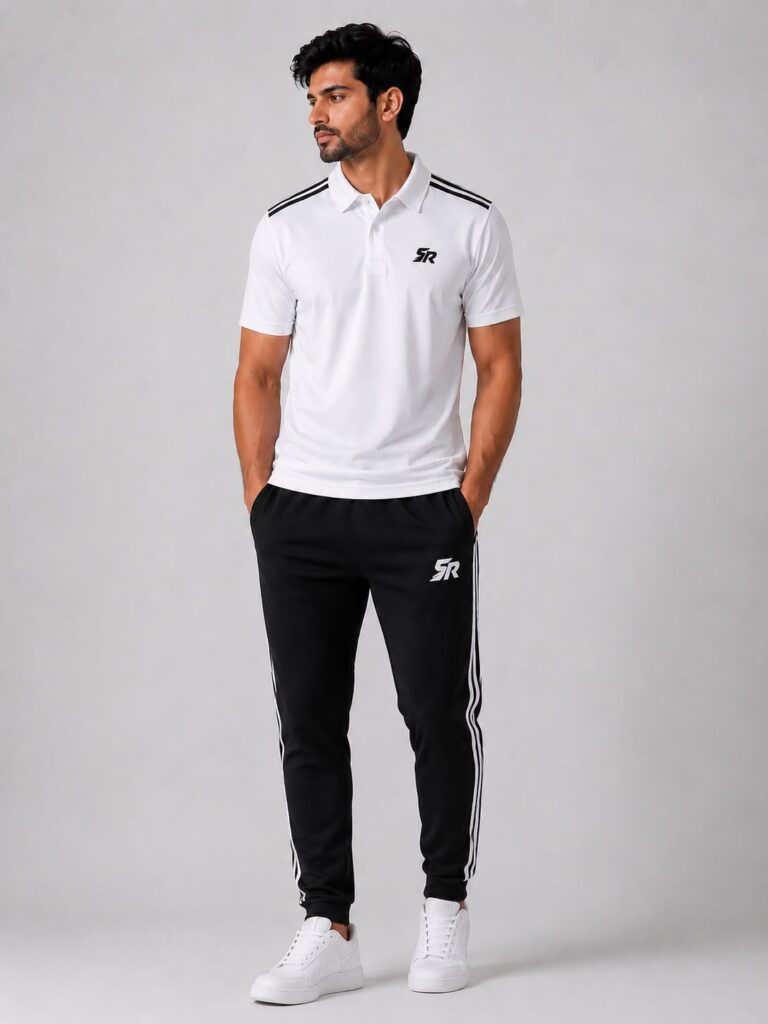 SmashNRun Shadow90 Polo in white worn with black Shadow90 track pants