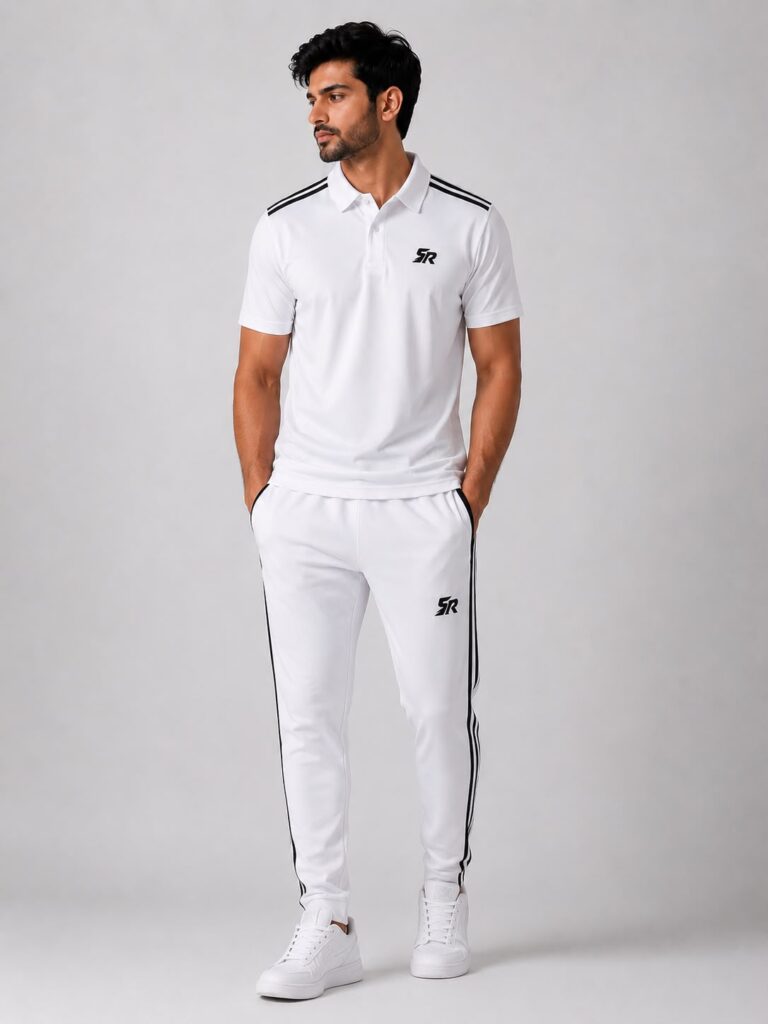 SmashNRun Shadow90 Polo in white worn with white Shadow90 track pants