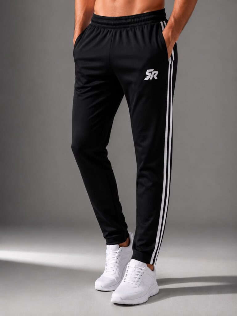 SmashNRun track pants in black, side stripe close up