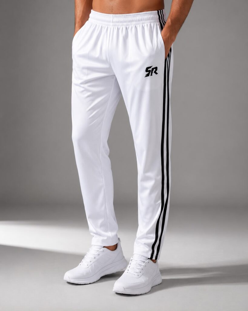 SmashNRun track pants in white, side stripe close up