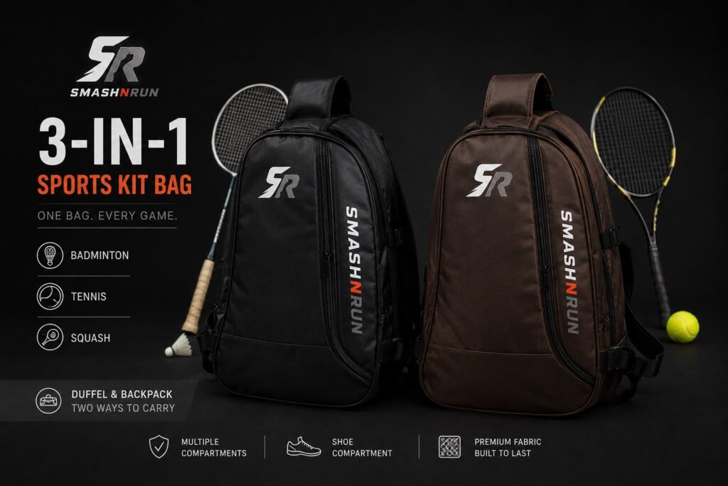 SmashNRun SMASH90 3-in-1 Sports Kit Bag shown in both colourways, black and brown, with badminton and tennis rackets