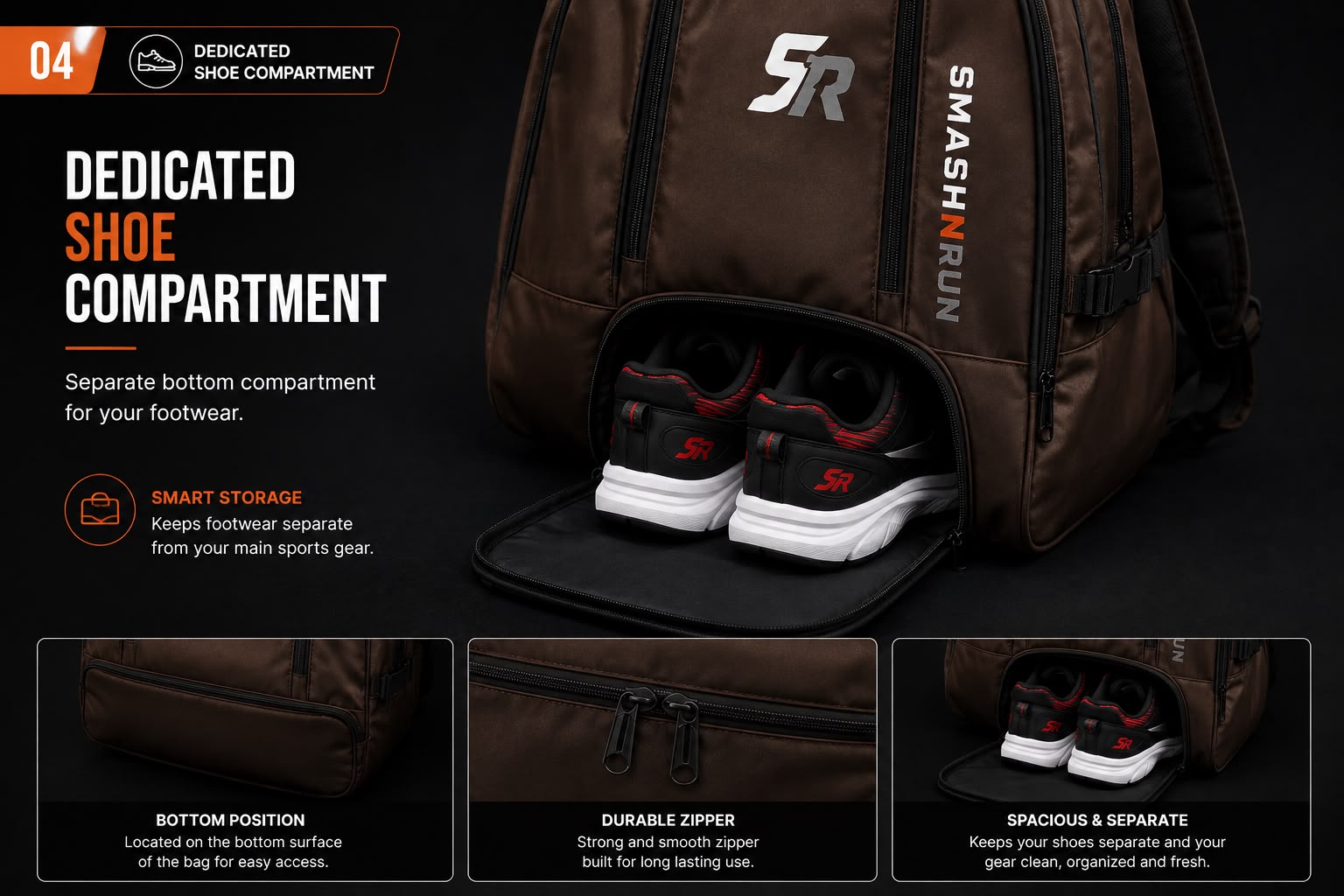 SMASH90 dedicated shoe compartment on the base of the bag, opened to show a pair of court shoes