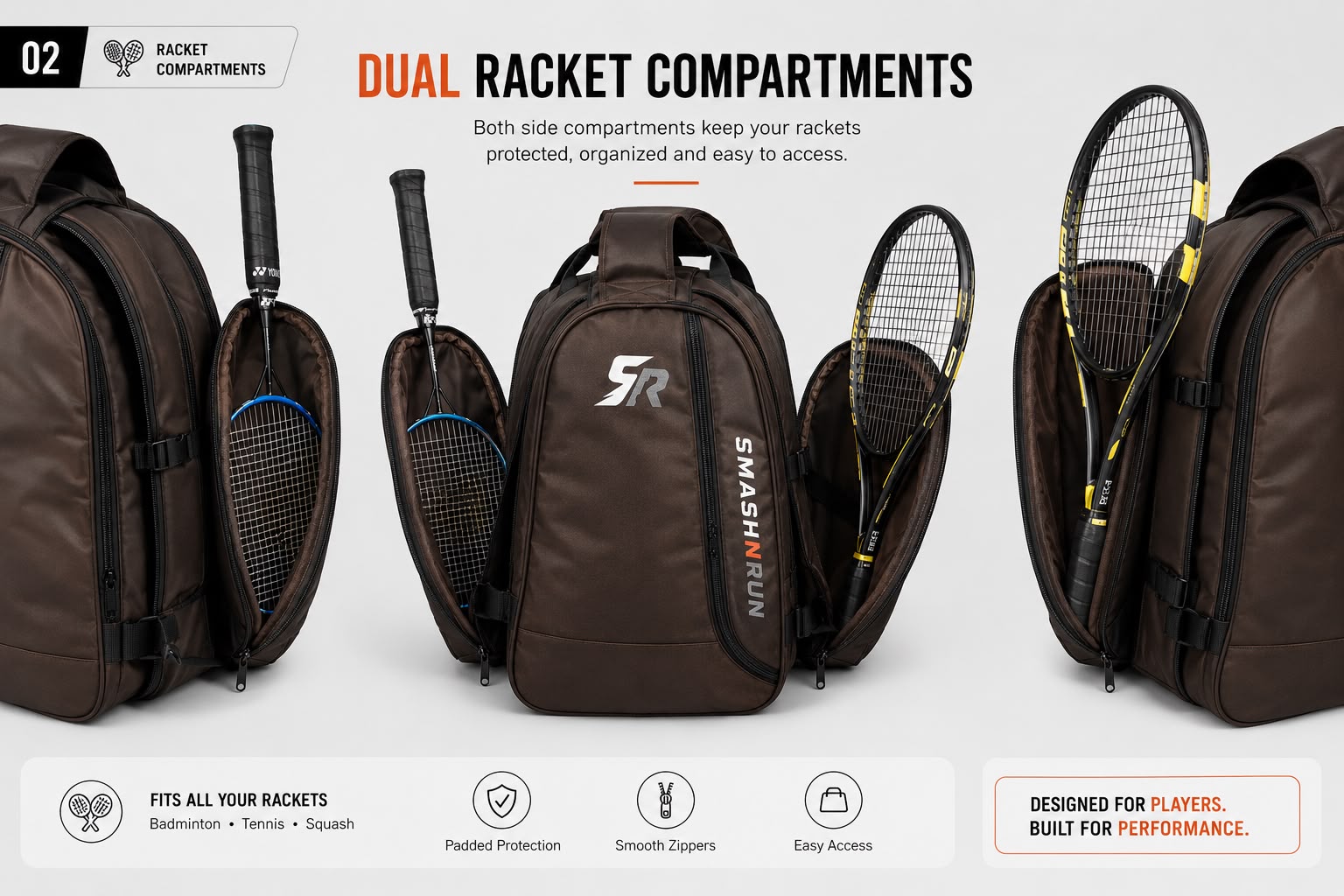 SMASH90 dual racket compartments, one on each side of the bag, holding badminton and tennis rackets