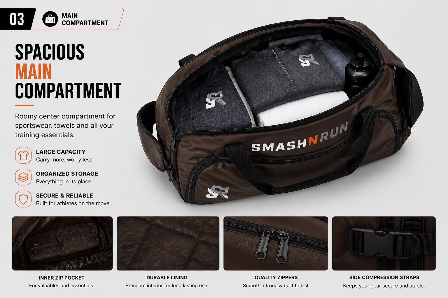 SMASH90 main compartment in duffel mode packed with sportswear, a towel and a water bottle