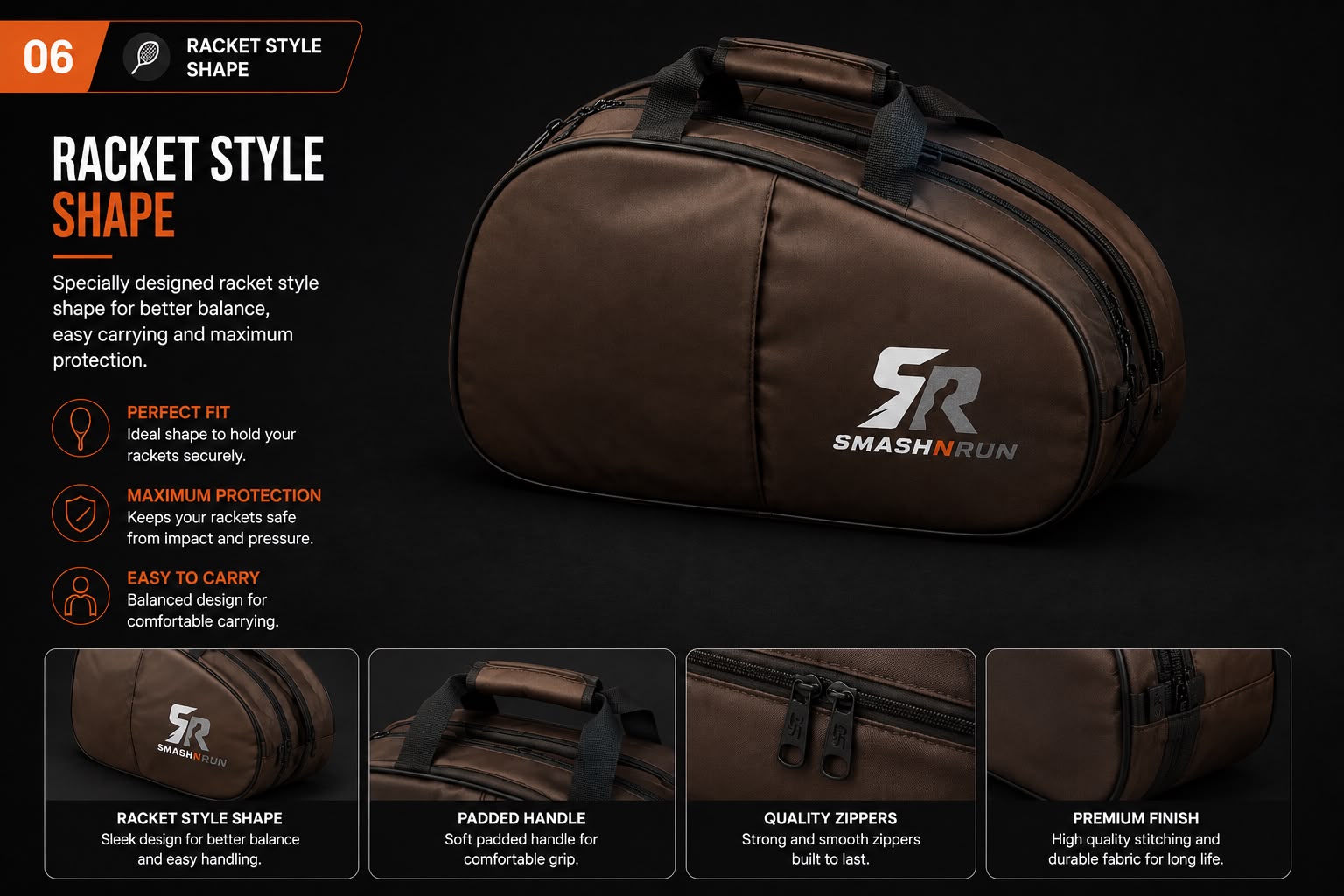 SMASH90 in brown shown in duffel mode with padded handles, quality zippers and clean stitching