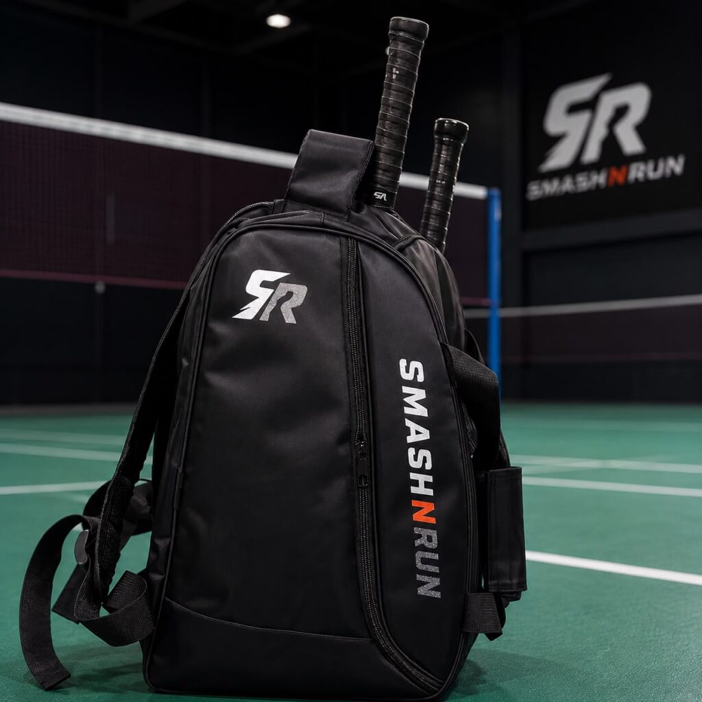SmashNRun SMASH90 3-in-1 Sports Kit Bag in black, carried in backpack mode with two racket handles showing from the side compartments