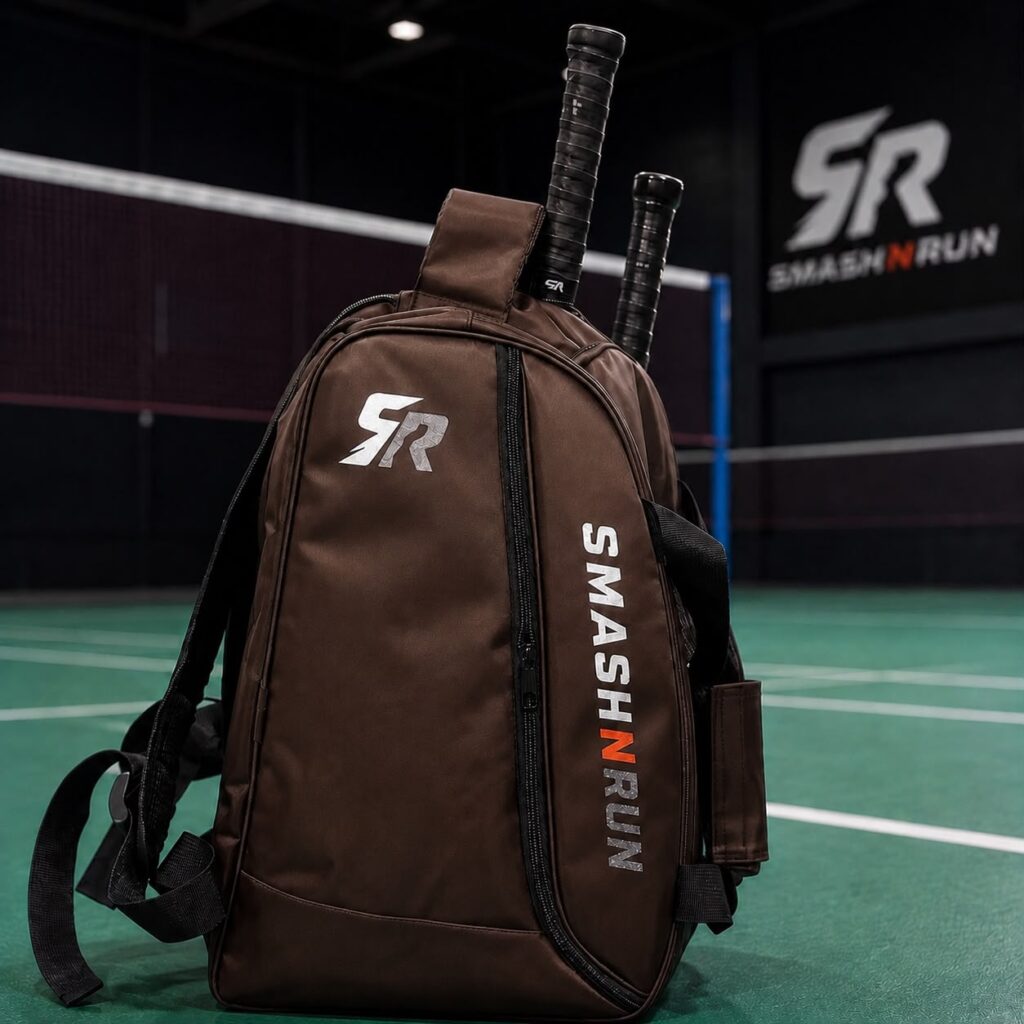 SmashNRun SMASH90 3-in-1 Sports Kit Bag in brown, carried in backpack mode with two racket handles showing from the side compartments