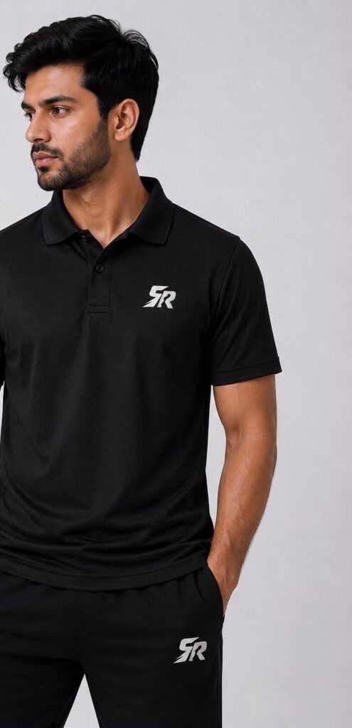 SmashNRun Shadow90 Polo in black, front view