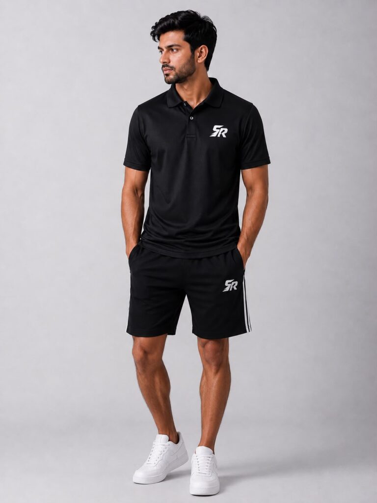 SmashNRun Shadow90 Polo in black worn with black Shadow90 shorts