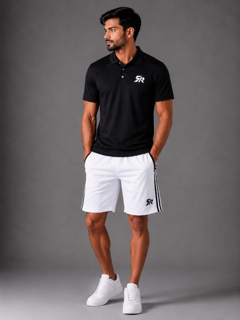 SmashNRun Shadow90 Polo in black worn with white Shadow90 shorts