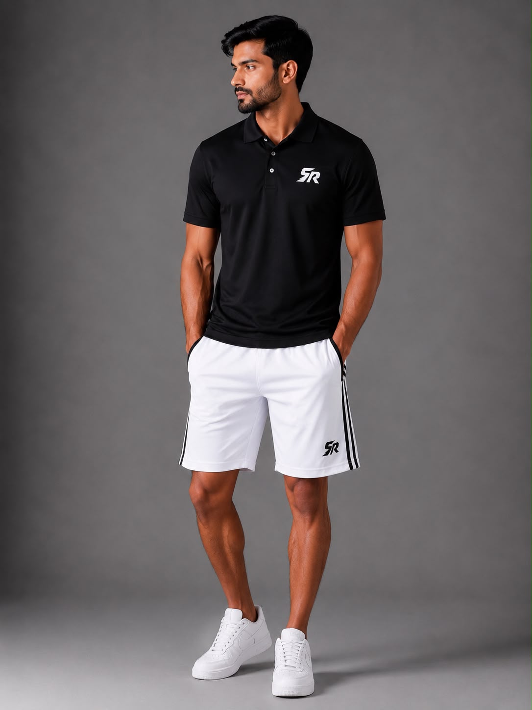 SmashNRun Shadow90 Polo in black worn with white Shadow90 shorts