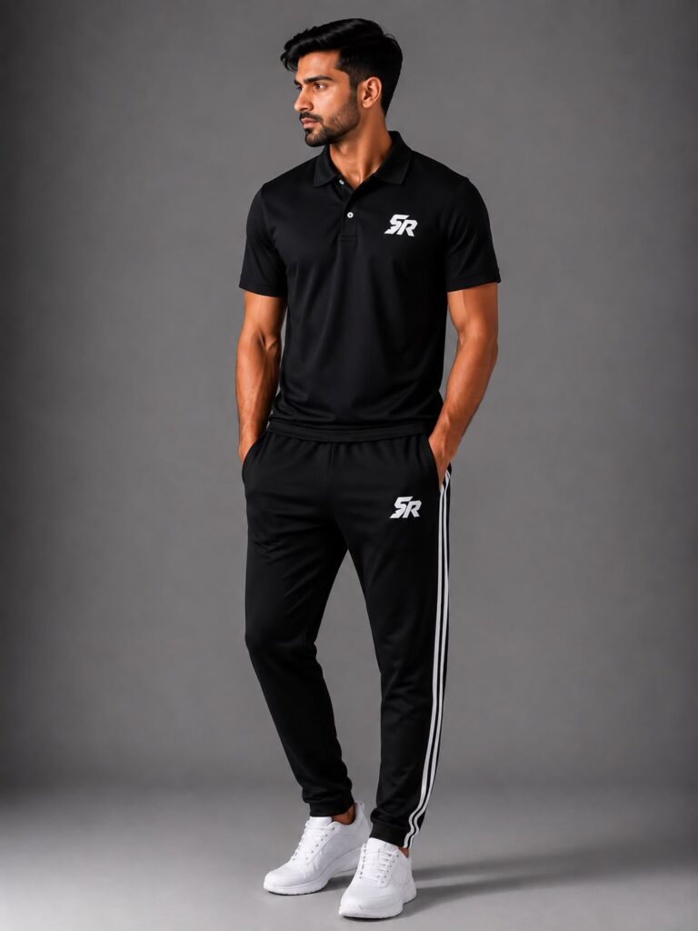 SmashNRun Shadow90 Polo in black worn with black Shadow90 track pants