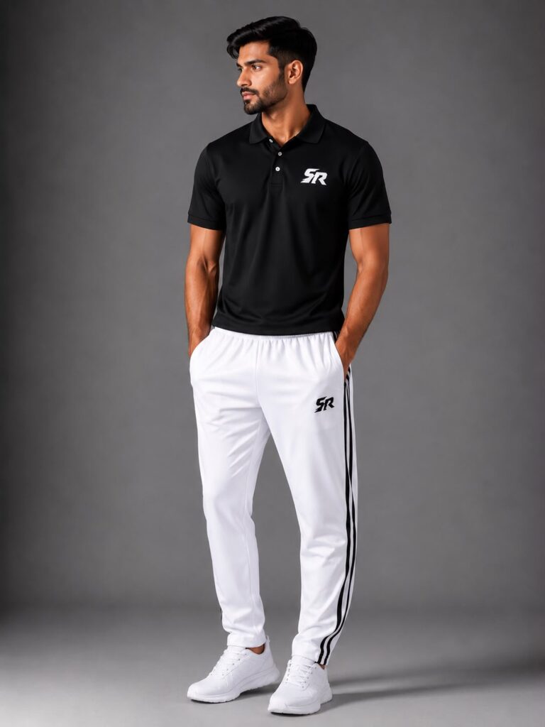 SmashNRun Shadow90 Polo in black worn with white Shadow90 track pants