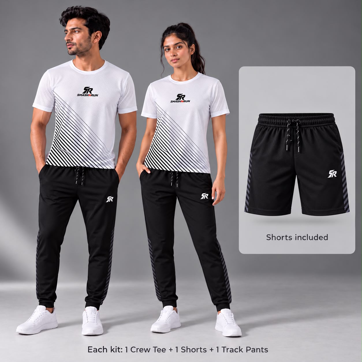Aura Full Kit worn by a man and a woman: crew tee, shorts and track pants
