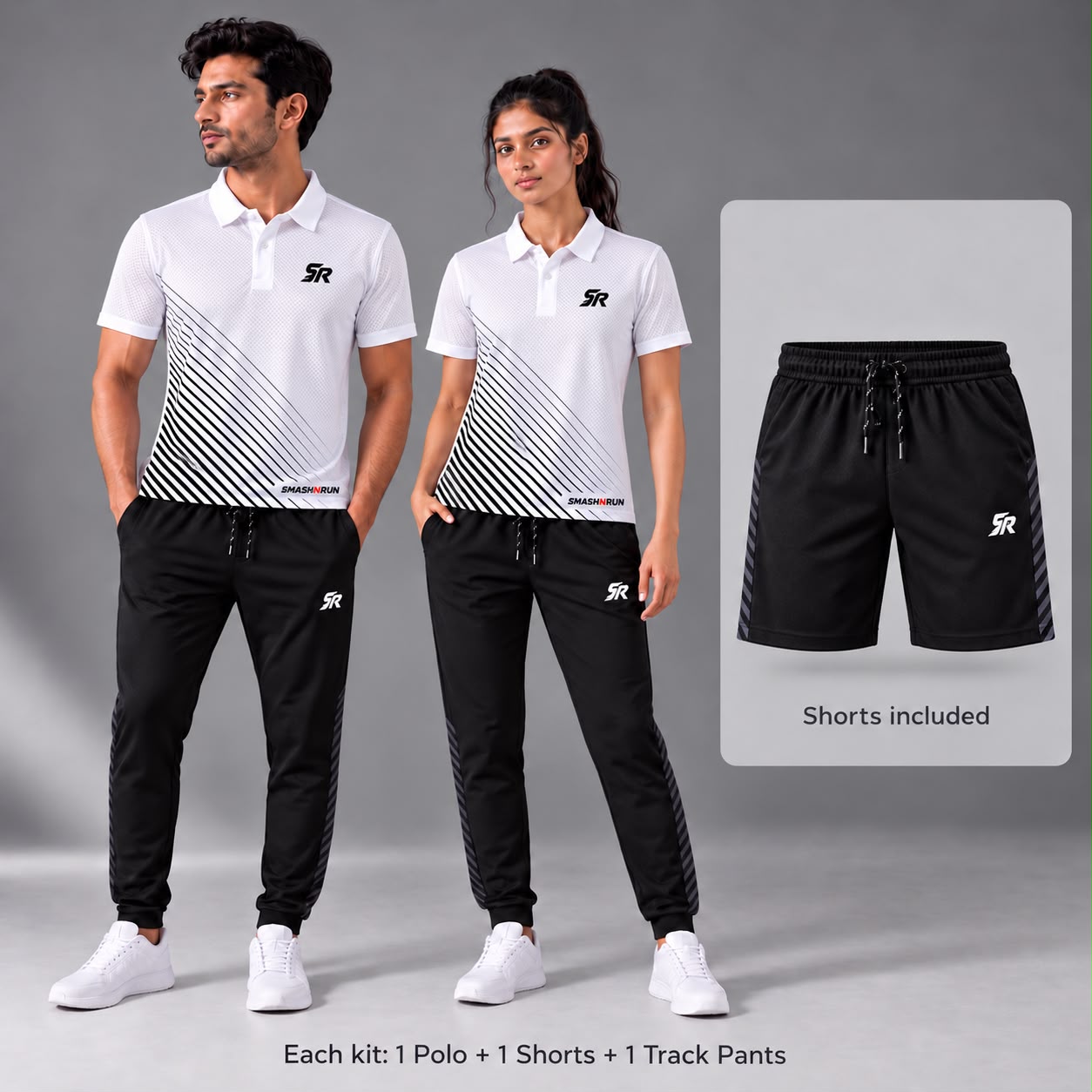 Aura Full Kit worn by a man and a woman: polo, shorts and track pants