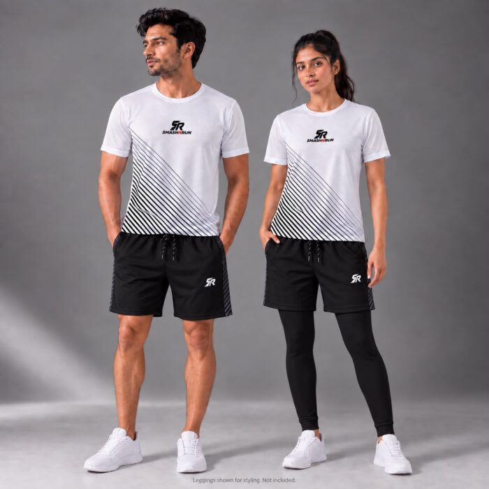 Man and woman wearing the Aura Tee in white with Aura Shorts in black