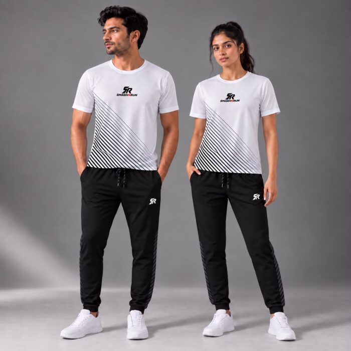 Man and woman wearing the Aura Tee in white with Aura Track Pants in black