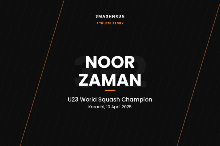 SmashNRun athlete story card, Noor Zaman, U23 World Squash Champion