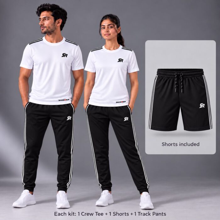 Shadow90 Full Kit worn by a man and a woman: white crew tee, black track pants, with the black shorts shown alongside