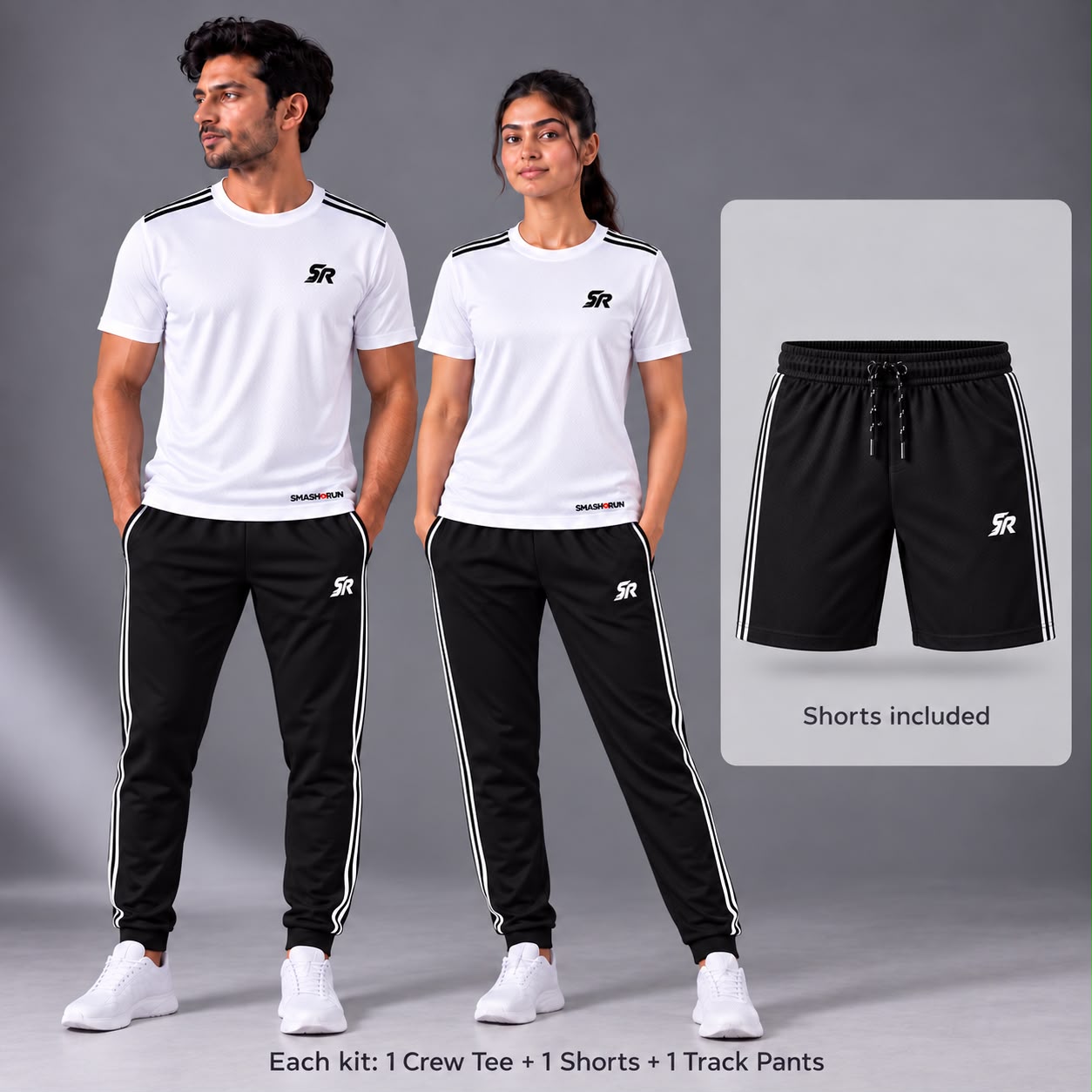 Shadow90 Full Kit worn by a man and a woman: white crew tee, black track pants, with the black shorts shown alongside