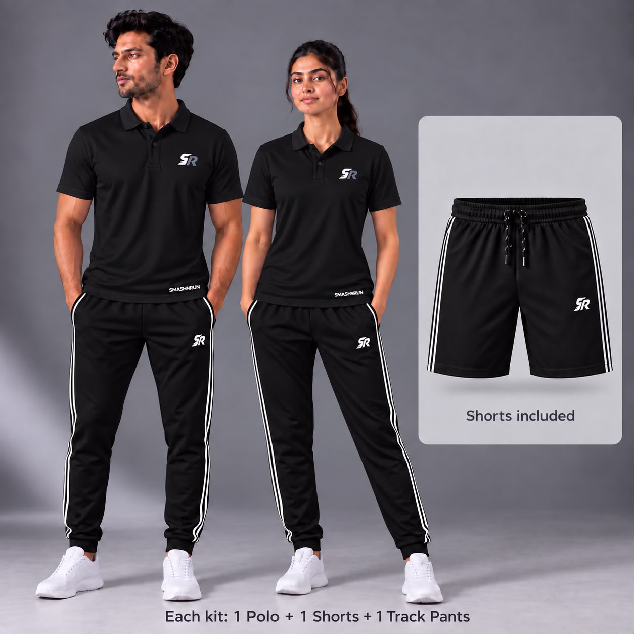 Shadow90 Full Kit worn by a man and a woman: black polo, black track pants, with the black shorts shown alongside