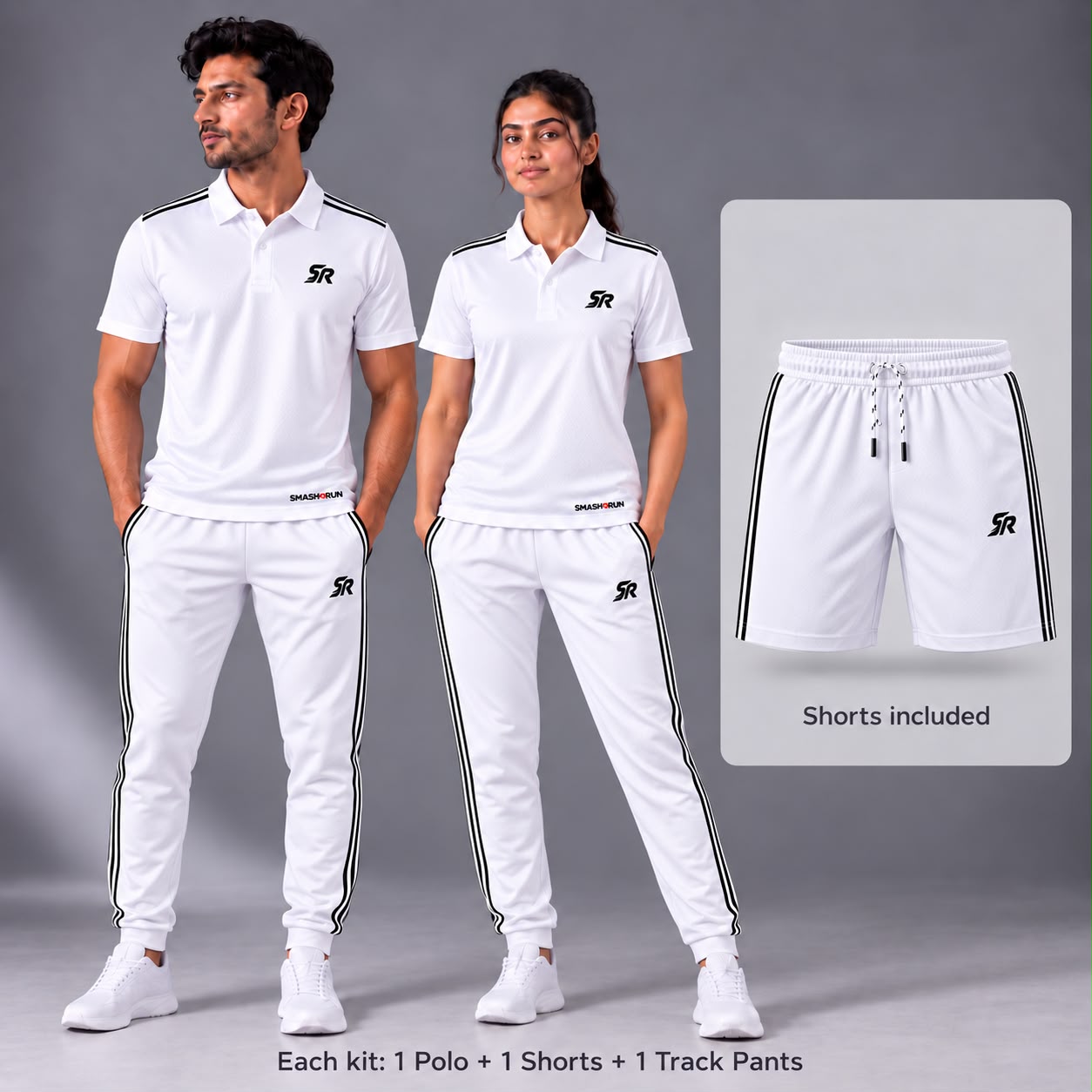 Shadow90 Full Kit worn by a man and a woman: white polo, white track pants, with the white shorts shown alongside