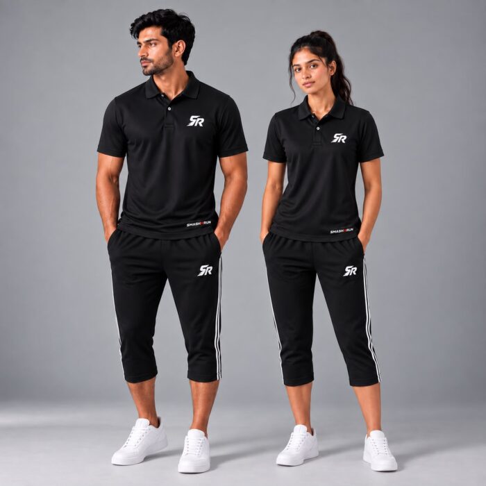 Man and woman wearing the Shadow90 Polo in black with Shadow90 3/4 Track Pants in black