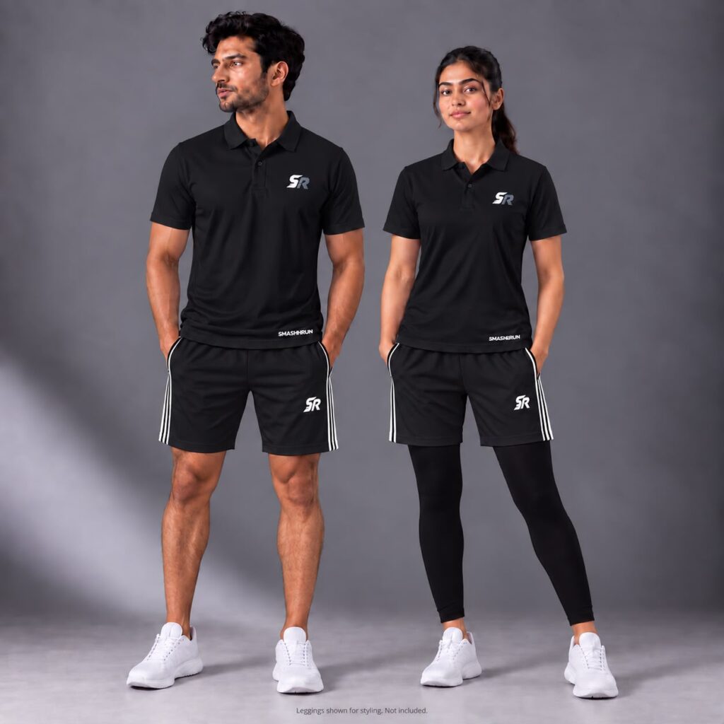 Man and woman wearing the Shadow90 Polo in black with Shadow90 Shorts in black