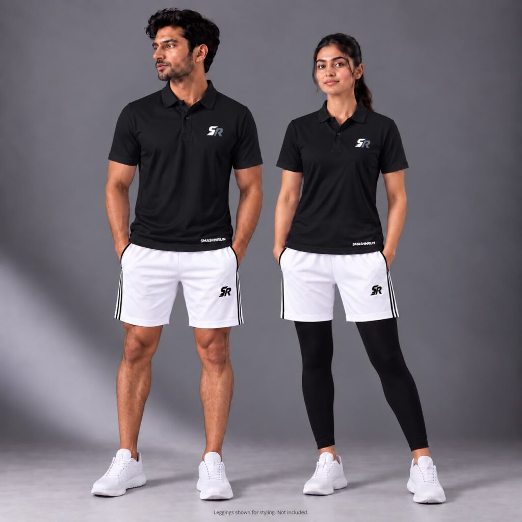 Man and woman wearing the Shadow90 Polo in black with Shadow90 Shorts in white