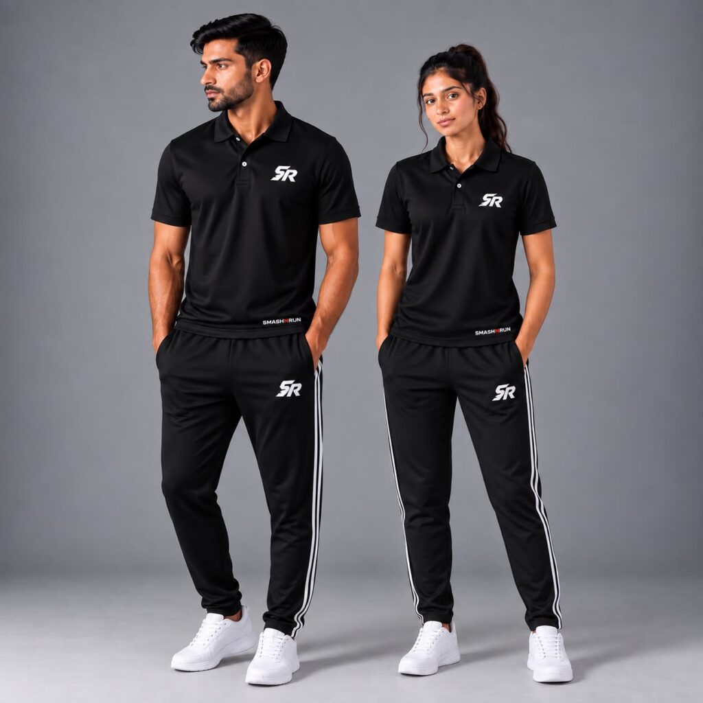 Man and woman wearing the Shadow90 Polo in black with Shadow90 Track Pants in black