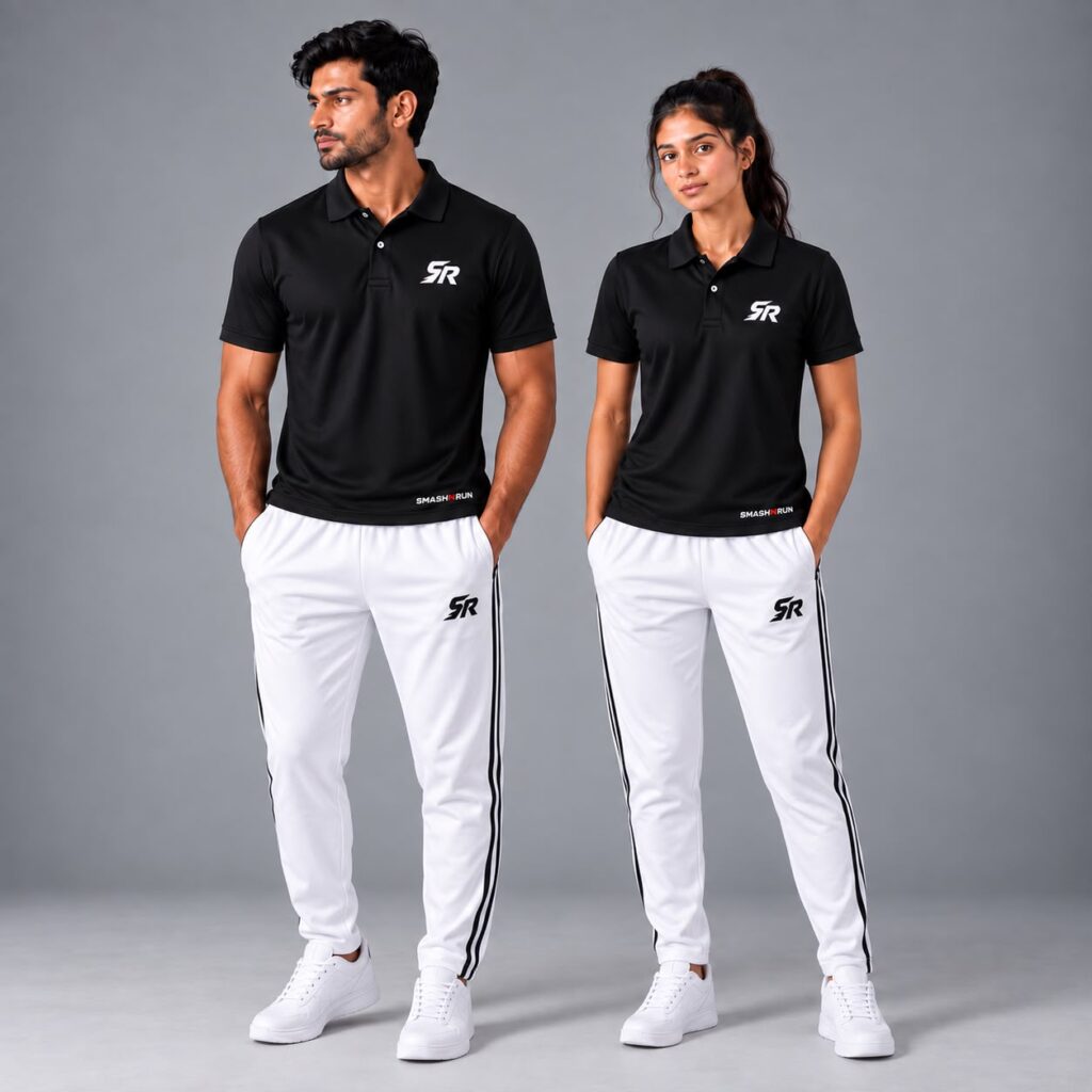 Man and woman wearing the Shadow90 Polo in black with Shadow90 Track Pants in white