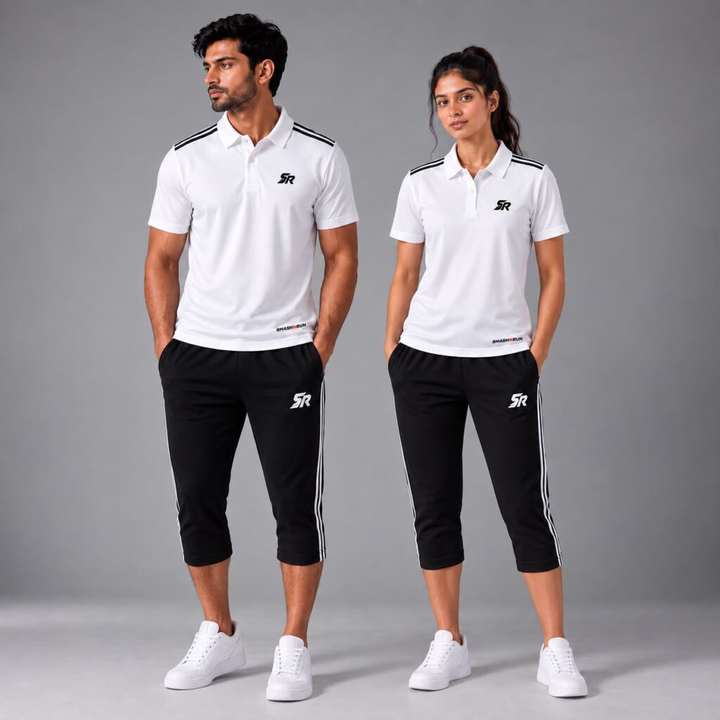 Man and woman wearing the Shadow90 Polo in white with Shadow90 3/4 Track Pants in black