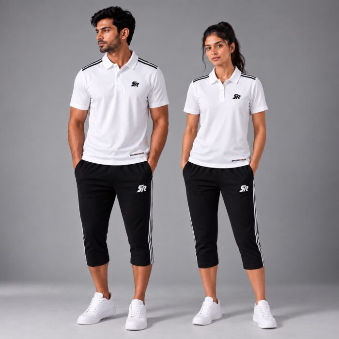 Man and woman wearing the Shadow90 Polo in white with Shadow90 3/4 Track Pants in black