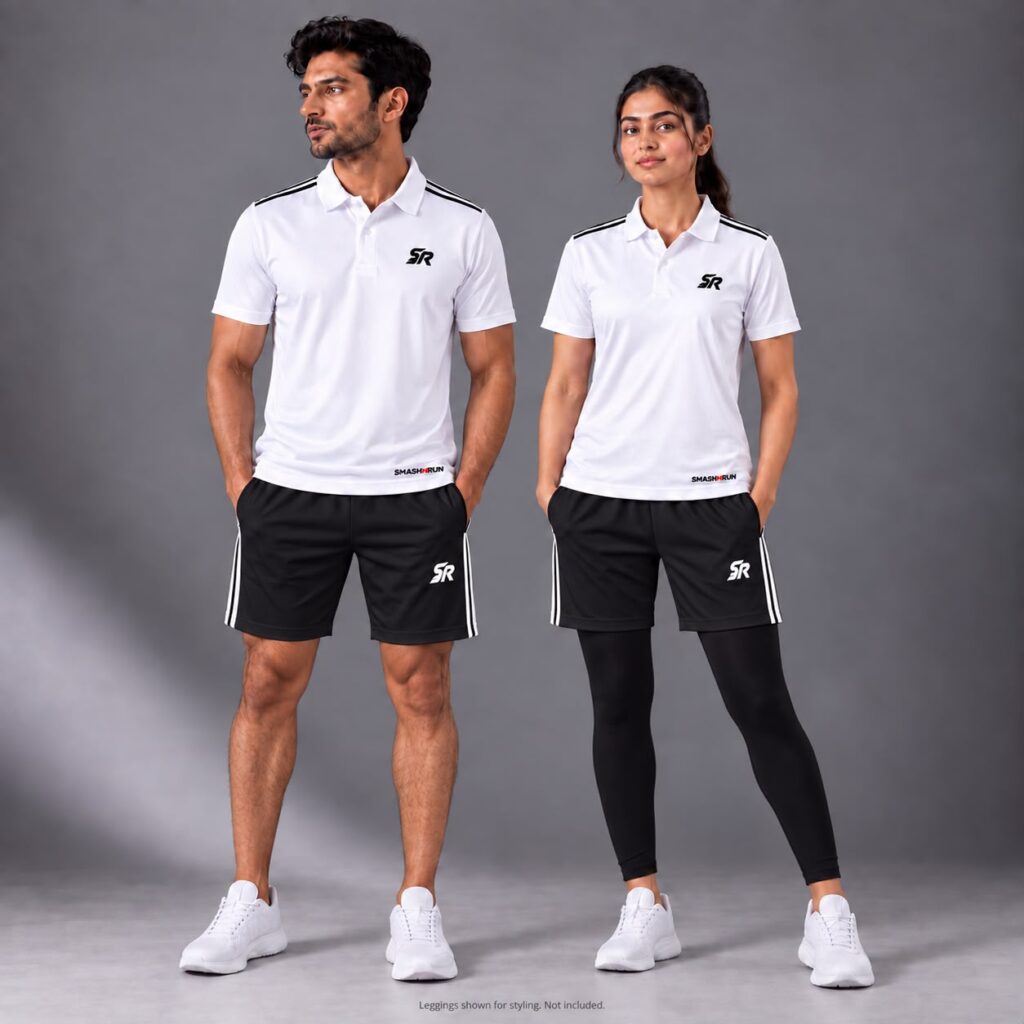 Man and woman wearing the Shadow90 Polo in white with Shadow90 Shorts in black