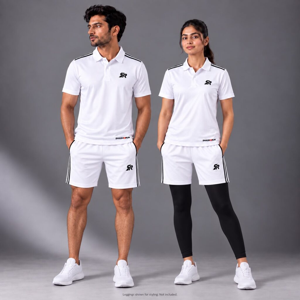 Man and woman wearing the Shadow90 Polo in white with Shadow90 Shorts in white