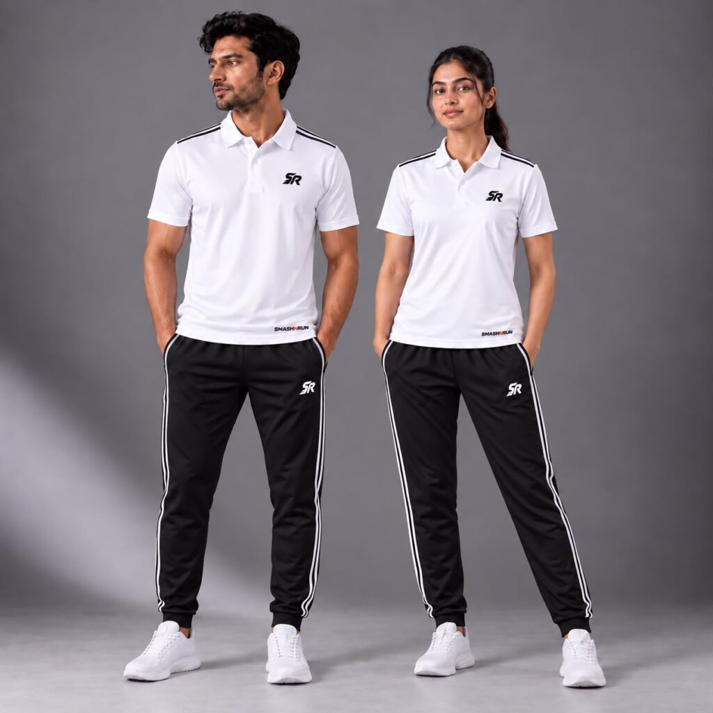 Man and woman wearing the Shadow90 Polo in white with Shadow90 Track Pants in black