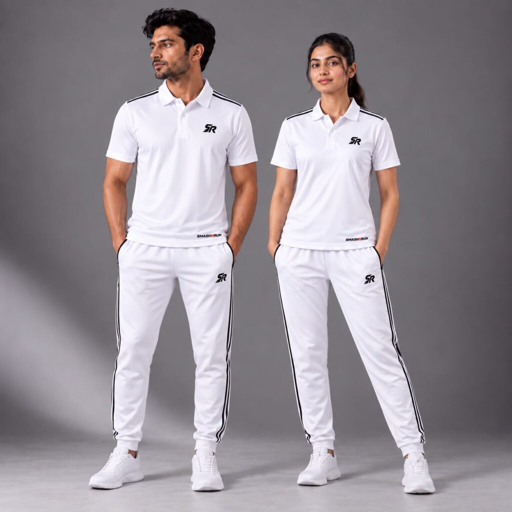 Man and woman wearing the Shadow90 Polo in white with Shadow90 Track Pants in white