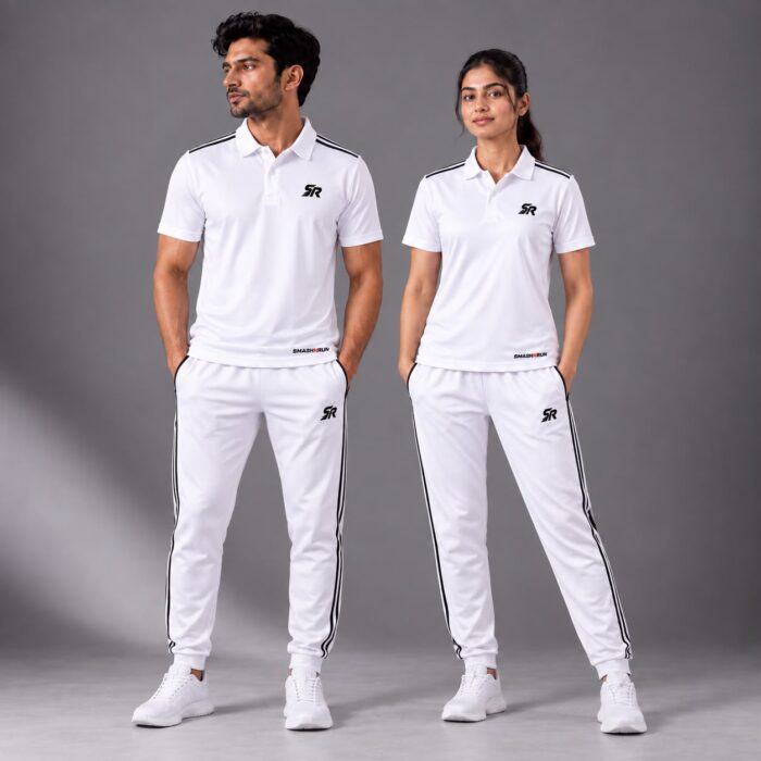 Man and woman wearing the Shadow90 Polo in white with Shadow90 Track Pants in white