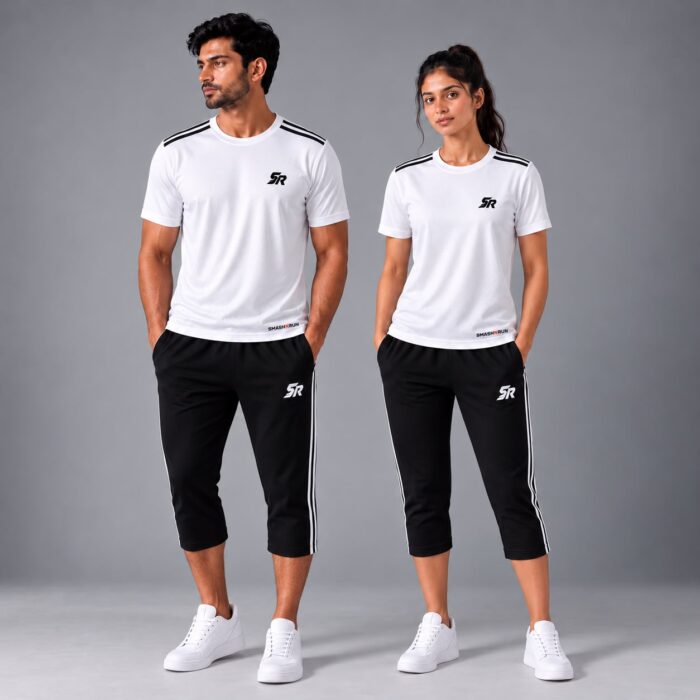 Man and woman wearing the Shadow90 Tee in white with Shadow90 3/4 Track Pants in black