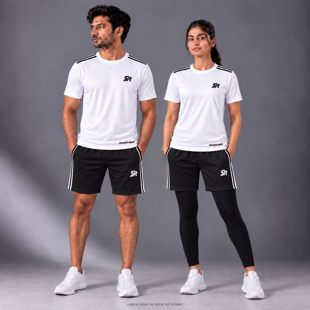 Man and woman wearing the Shadow90 Tee in white with Shadow90 Shorts in black