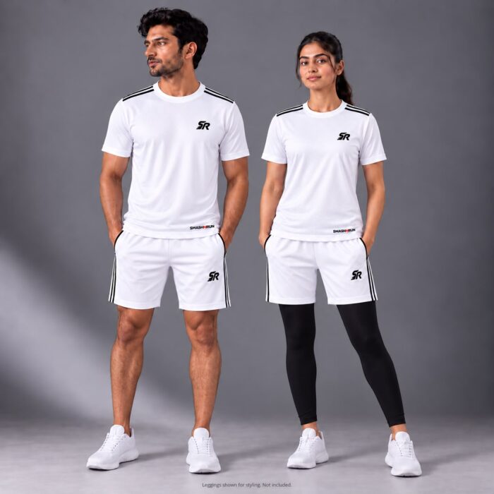 Man and woman wearing the Shadow90 Tee in white with Shadow90 Shorts in white