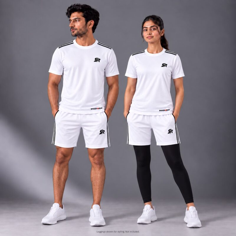 Man and woman wearing the Shadow90 Tee in white with Shadow90 Shorts in white