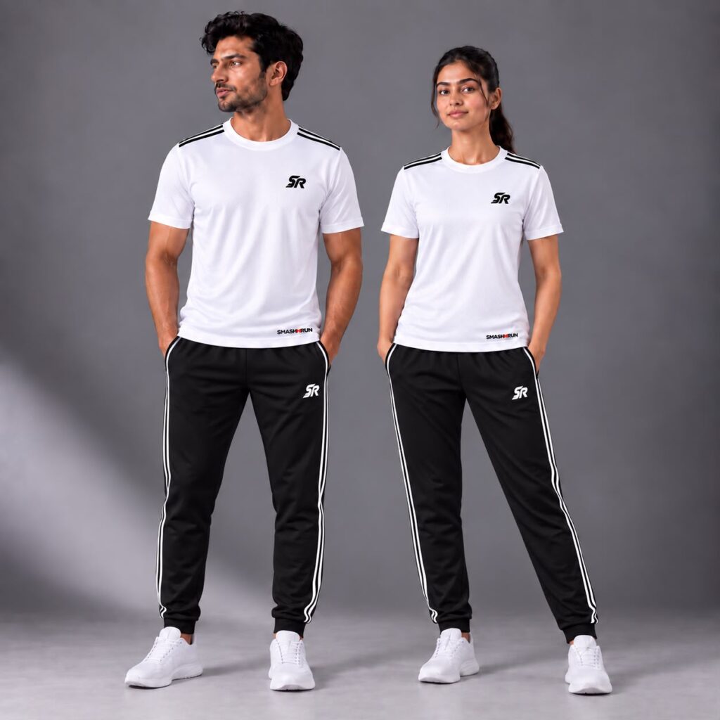 Man and woman wearing the Shadow90 Tee in white with Shadow90 Track Pants in black