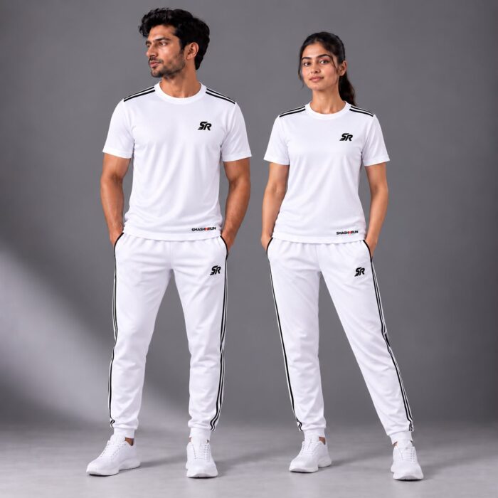 Man and woman wearing the Shadow90 Tee in white with Shadow90 Track Pants in white